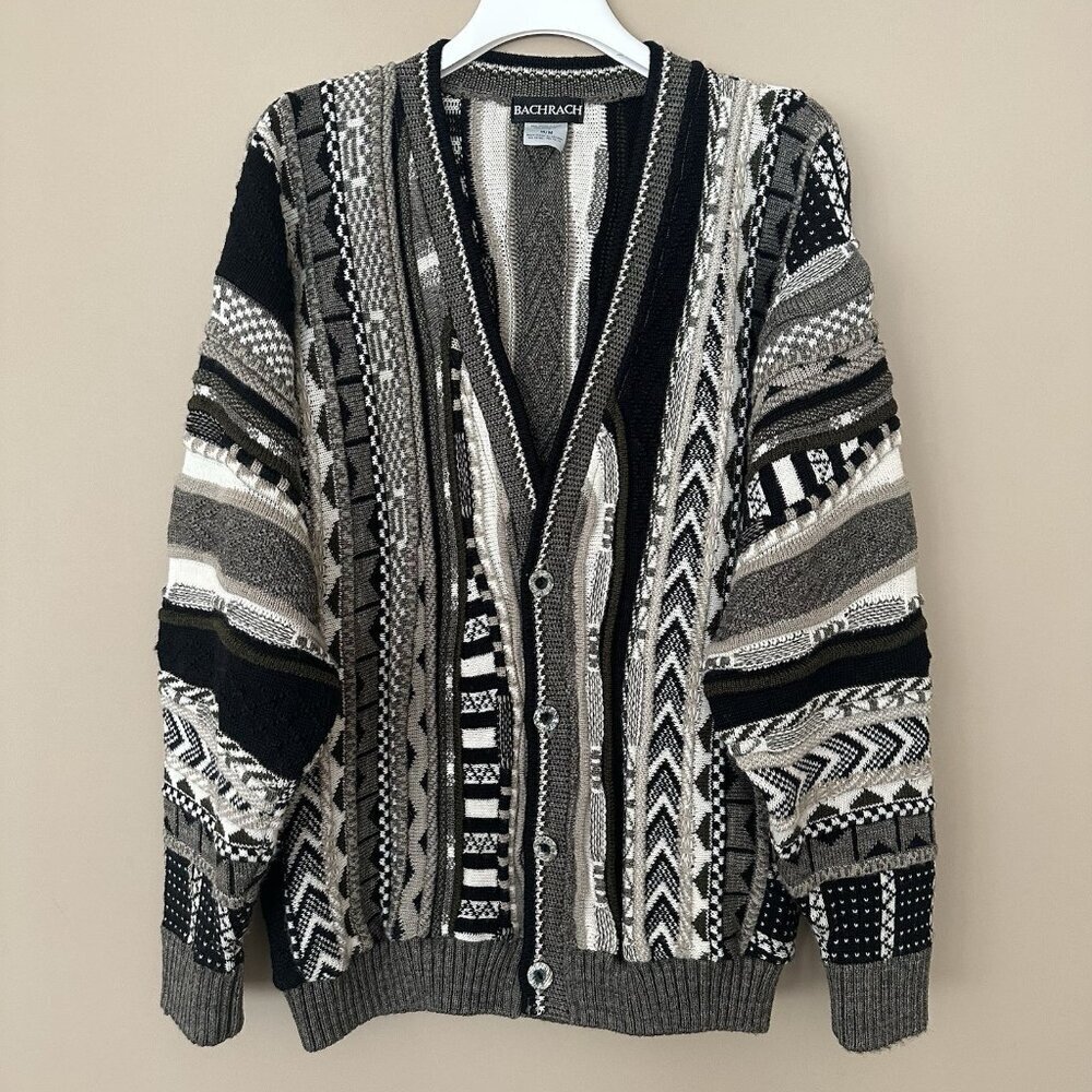Vintage 90s Bachrach Cardigan Grandpa Sweater Men M Wool Wavy 3D Cosby Black Gra